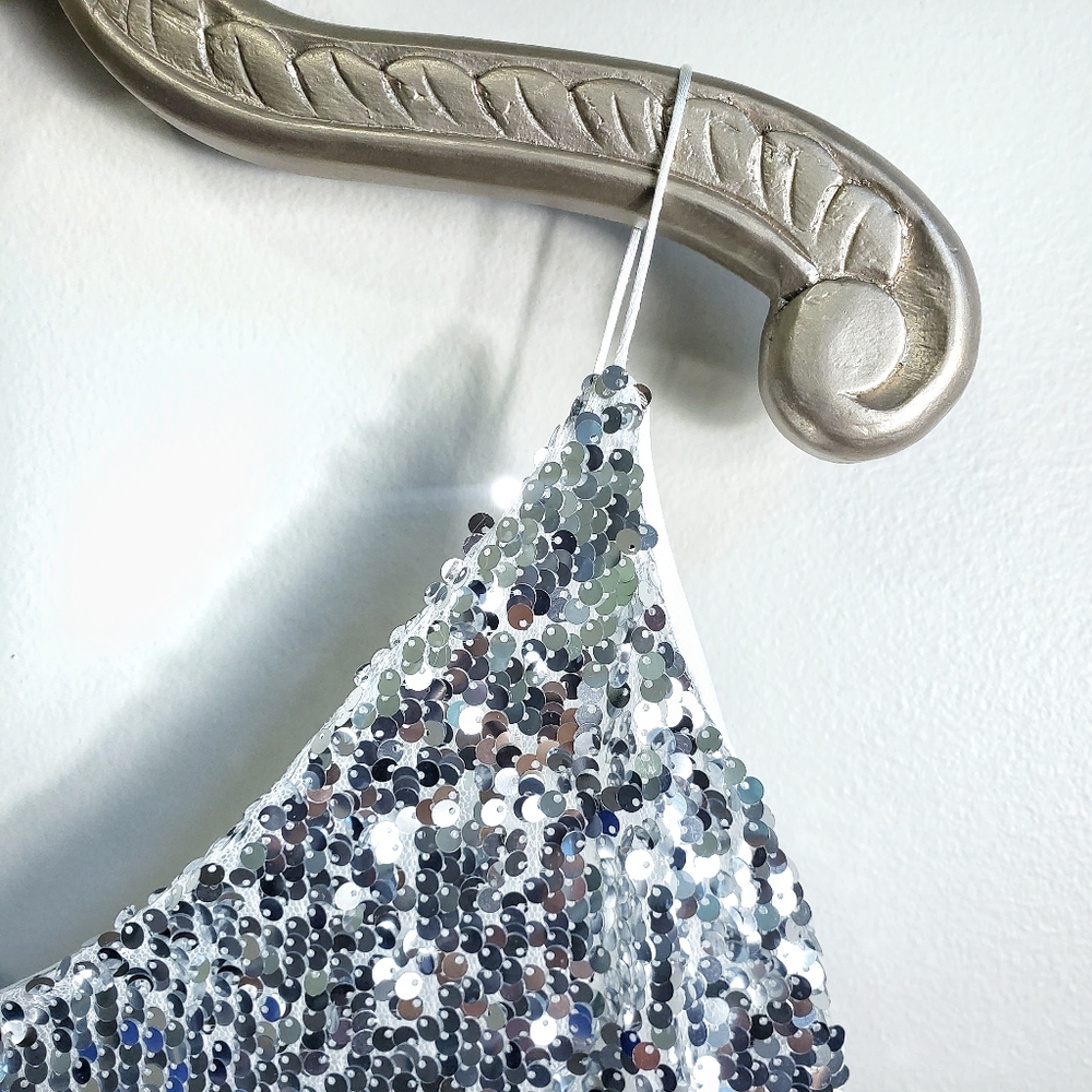 NEW Silver Sequin Mini Dress Spaghetti Strap V Neck Formal Short - Picture 4 of 10